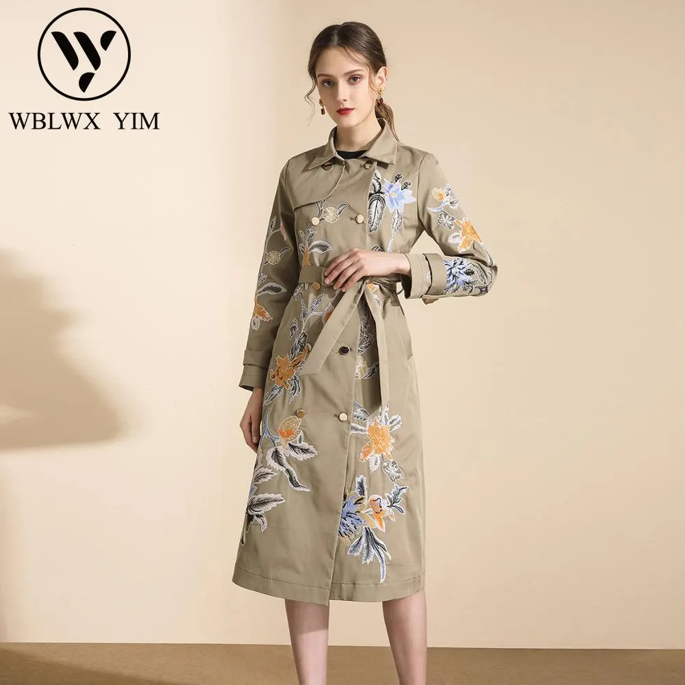 

Тренчкот женский с цветочной вышивкой, модный однобортный длинный тренчкот с поясом, элегантная повседневная верхняя одежда