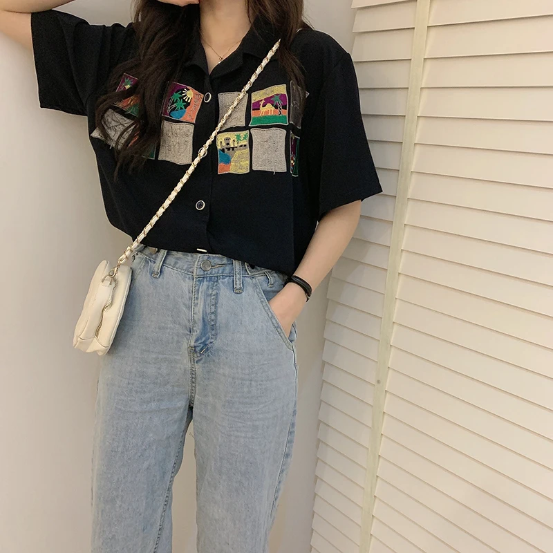 

Shirts Women Short Sleeve V-neck Printed Chic Fashion Simple Retro Womens Shirt Summer Daily High Street Stylish Blouses Ulzzang
