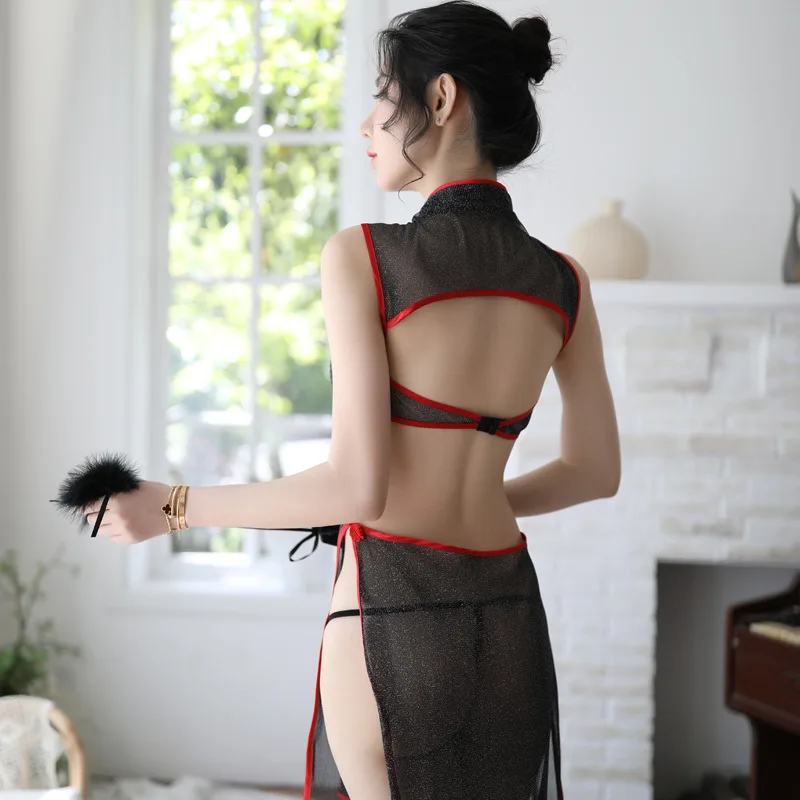 Эротический костюм для косплея из перспективного газа Кипао, сексуальное обнаженное платье чуньсям, порно-французская униформа горячего белья для горничных.