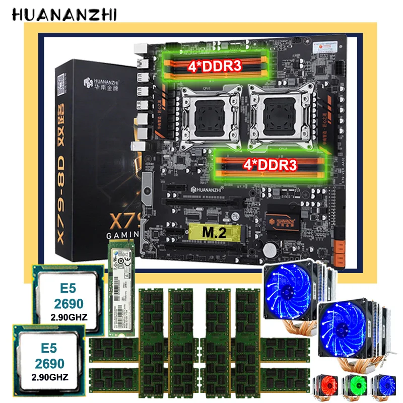 Verkaufen HUANANZHI Motherboard Sets Auf Verkauf X79-8D Dual X79 Motherboard Mit 256G M.2 NVMe SSD Dual CPU Xeon E5 2690 RAM 64G(8*8G) RECC