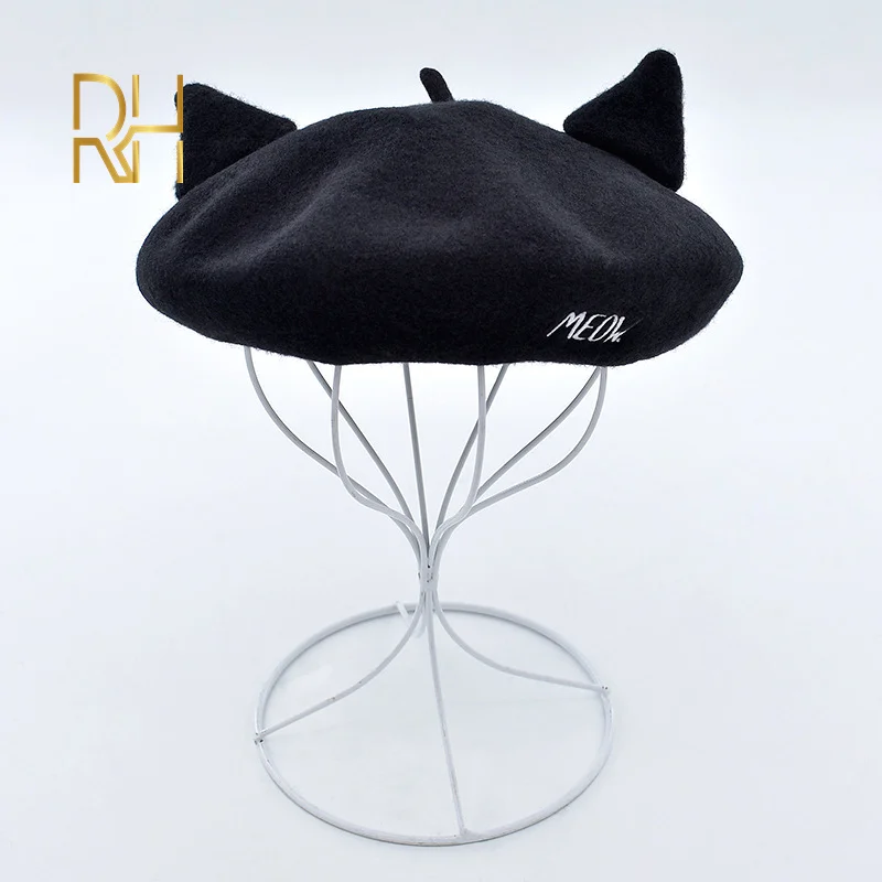 Шерстяной берет с кошачьими ушками художественная шапка милая шерстяная бутон