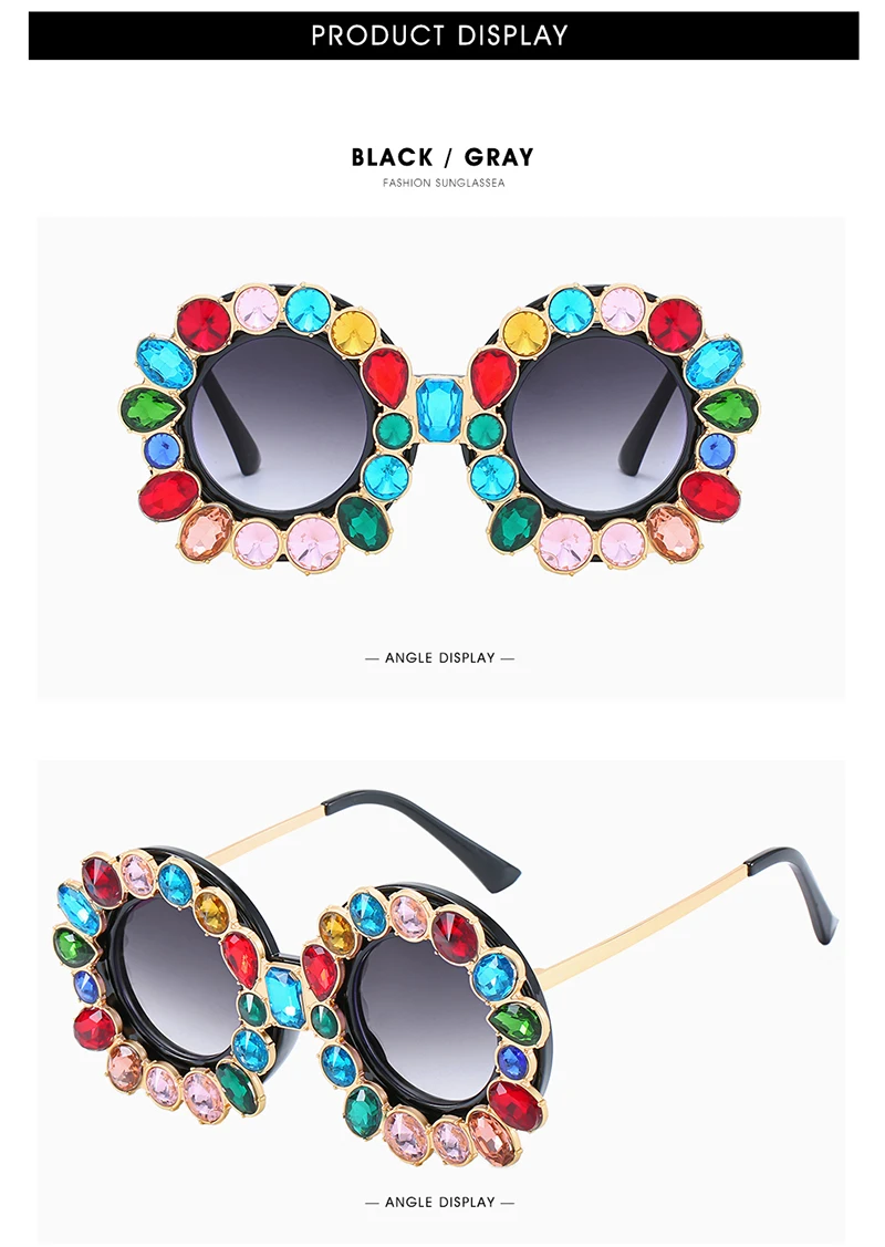 FU E Gorgeous Women Sunglasses Crystal Diamond Handmade Round Eyewear UV400 Mirror Lens Flower Design Summer Sun Glasses