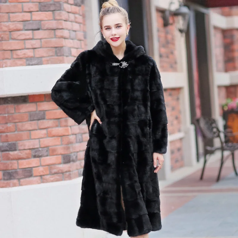 110 см Натуральная норковая шуба куртка с капюшоном зимняя женская меховая