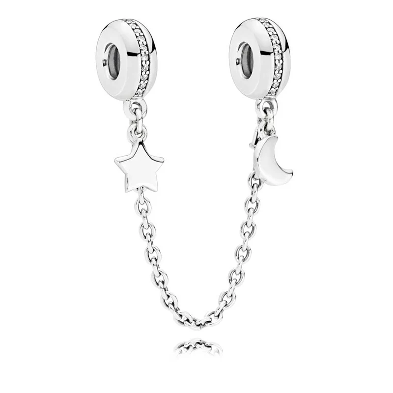 

Genuine 925 Sterling Silver Charm Sparkling Moon & Star With Crystal Safety Chain Clip Beads Fit pandora Bracelet Diy Jewelry