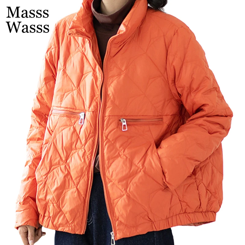 Masss Wasss 2021 Orange Casual Loose White Duck Down Jacket Women Solid Basic Zippers Parka Female Vintage Harajuku Warm Coat