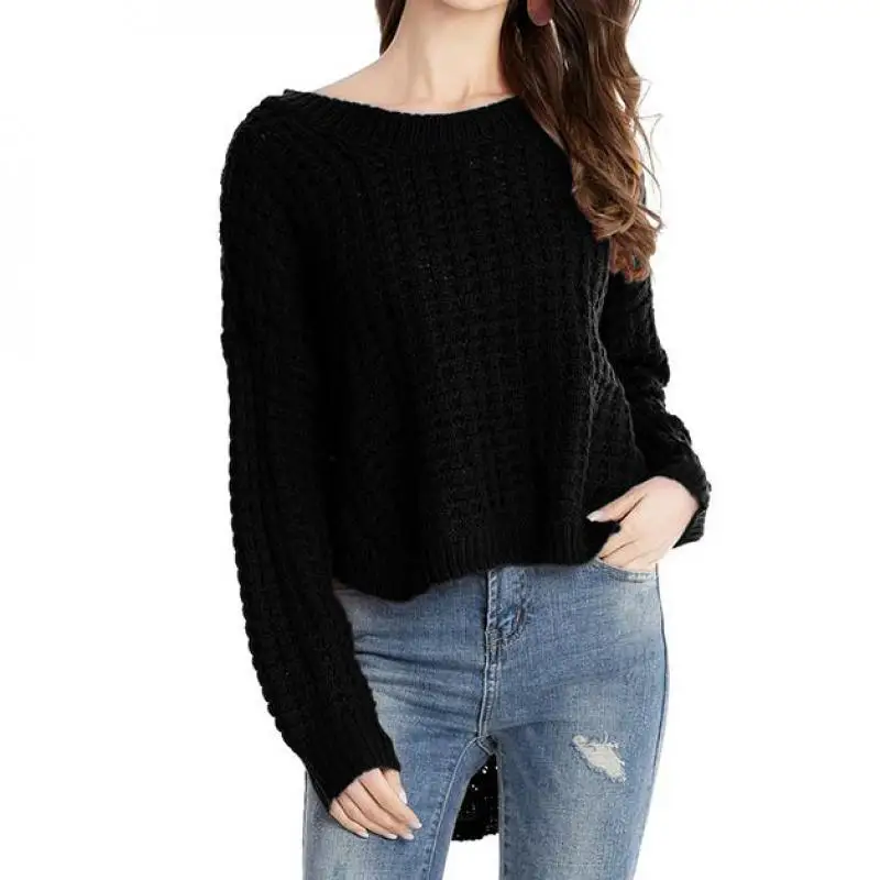 Осень-зима Повседневное трикотажная рубашка с o-образным вырезом на шее Hollow Out