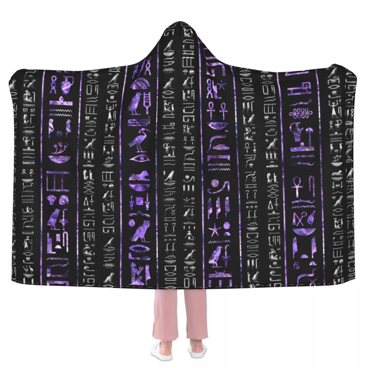 

Amethyst And Silver Egyptian Hieroglyphics Pattern Hooded Blanket 3D full print Wearable Blanket Adults Kids style