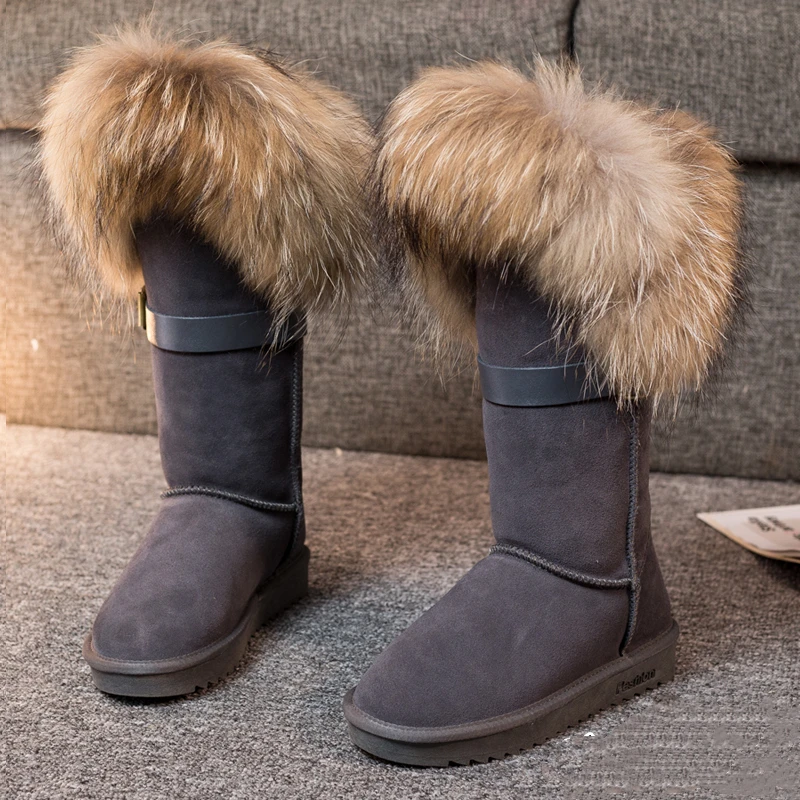gray suede Новые зимние женские ботинки зимние ботинки на лисьем меху ботинки до середины икры из натуральной кожи женские нескользящие водонепроницаемые теплые ботинки на плоской подошве - Цвет: gray suede