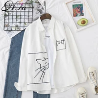 h sa women spring new cartoon blouses pocket cat white blouse and shirts long sleeve oversized casual blusa tops chic cat shirts