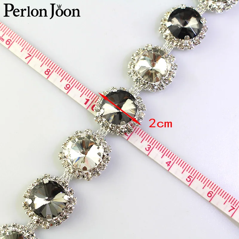 

1 yard black white round glass rhinestone trim silver large crystal metal chain shoes wedding decoration accessories ML066