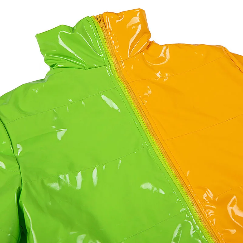 

Solid Color Patchwork PU Warm Parka Coat Women Winter Clothes Casual Zipper Bright Shiny Bubble Coat Puffer Jacket Outwears
