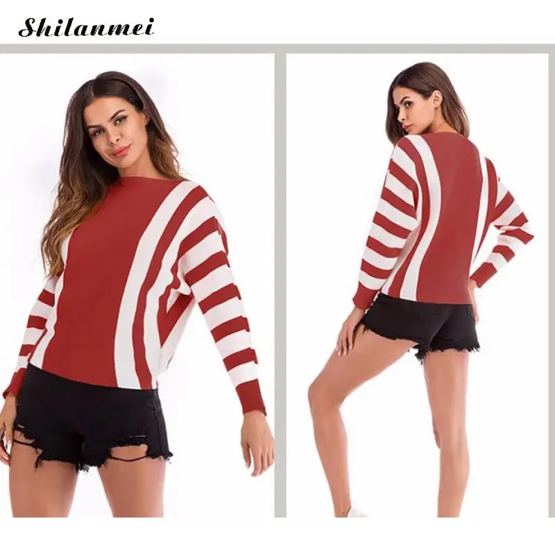 Винтажный красный женский свитер пуловеры полосатые Лоскутные свободные