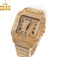 the bling king iced out men watch square diamond quartz luxury mens wrist watches gold roman steel clock relogio masculino