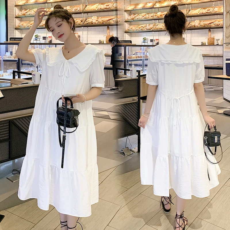 

5526# Summer Sweet Korean Fashion White Chiffon Maternity Long Dress Elegant A Line Clothes for Pregnant Women Pregnancy Party