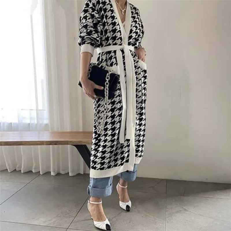 

New 2021 Women's Autumn Winter Sweaters Elegant Lady Cardigans Checkered Oversized Lace Up Wild Long Knitwear