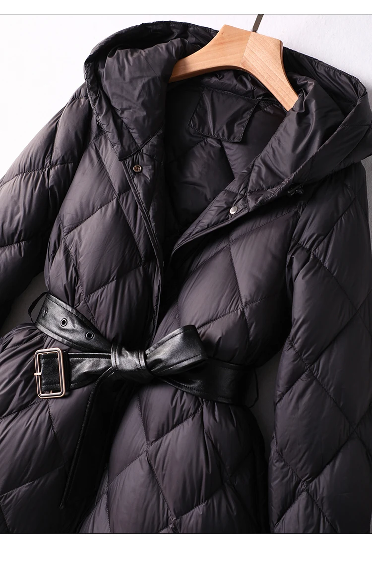 

Style Coreen Mode Femme Hood Duck Down Jacket Women Belt Thin Argyle Long Coats and Jackets Women black fashion