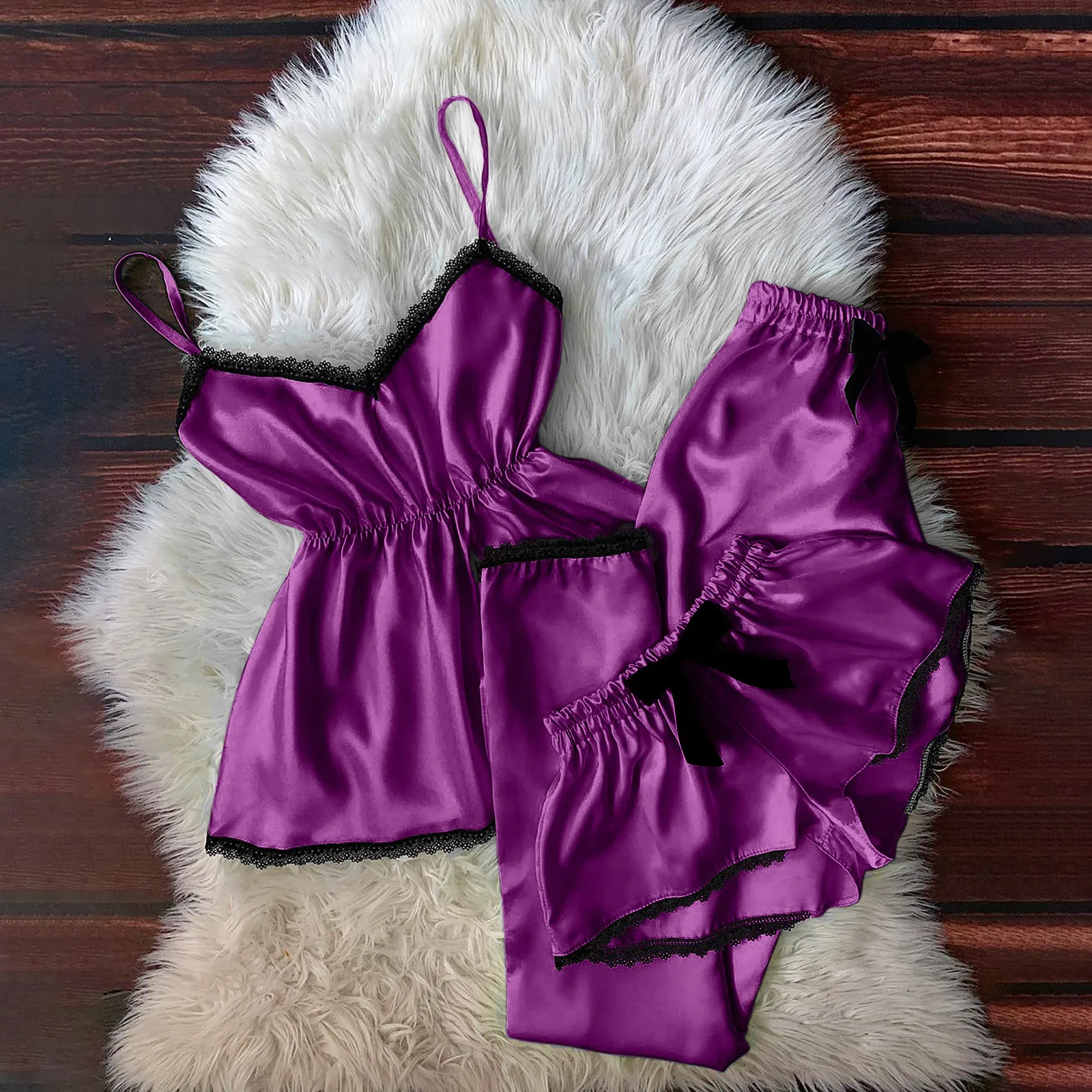 

Women Sleepwear V-Neck Eyelash Lace Underwear Sexy Stain Nightwear Camisole Pajamas Bowknot Shorts Set camisones para dormir