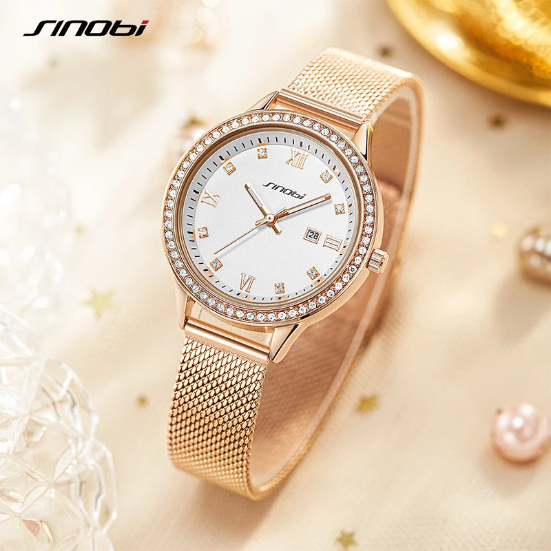 Enlarge SINOBI Fashion Diamond Woman Watches Golden Women Quartz Wristwatches Elegent Ladies Calender Gift Box Clock Relogio Feminino