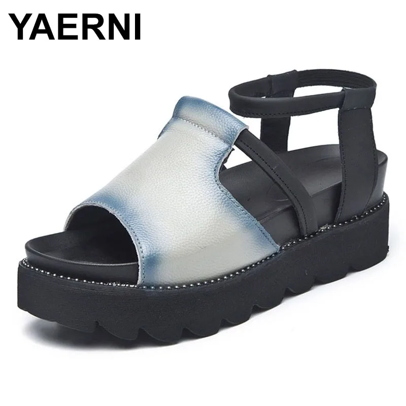 

YAERNI fashion women wedge sandals retro genuine leather open toe Rivet platform sandals women summer shoes Sandalia Feminina