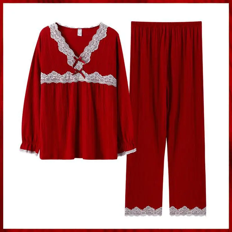 

Пижамный комплект из 2 предметов, хлопковая одежда для сна, пикантная Женская одежда для сна принцессы, домашняя одежда, красный домашний по...
