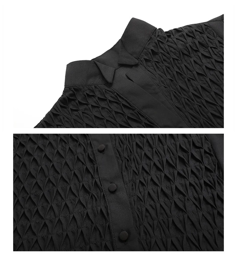 

Black Lapel Shirt Sweet Blouse Rhombus Pleated Slim Waist Wild Pure Color Office Lady Chiffon Lantern Long Sleeve Shirt