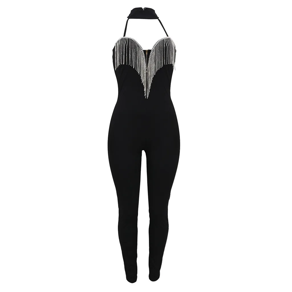 

Womail jumpsuit women 2019 summer Sexy v-Neck Sleeveless Glitter Tassel Bodysuit Jumpsuit Slim long Jumpsuit party clubwear