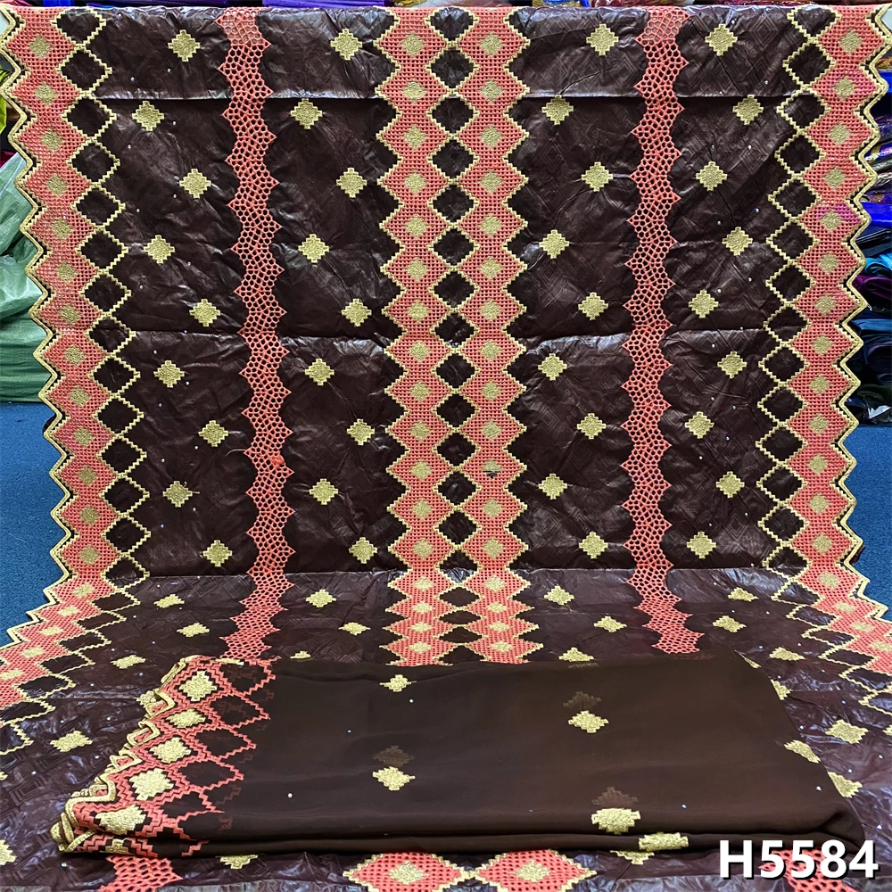 

Brown African Bazin Riche Fabric With Brode 2021 Latest Beads Embroidery With Scarf Guinea Brocade Fabric For Wedding HJ5584