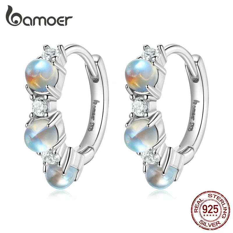 

bamoer 925 Sterling Silver Simple Ear Buckle Moonstone Hoop Earrings for Women Engagement Fine Jewelry BSE532