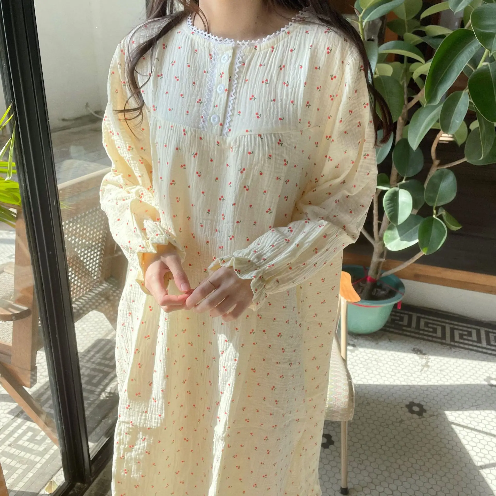 

Long Sleeve Women Nightgown Print Flower Cotton Home Clothing Yellow Sleepwear Intimate Lingerie Casual Sleepwear Nightdress