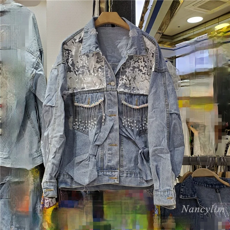 

Women Denim Jacket European Streetwear Rhinestone Tassel Lace Jean Coat Loose Top Autumn 2021 Veste Femme Nancylim