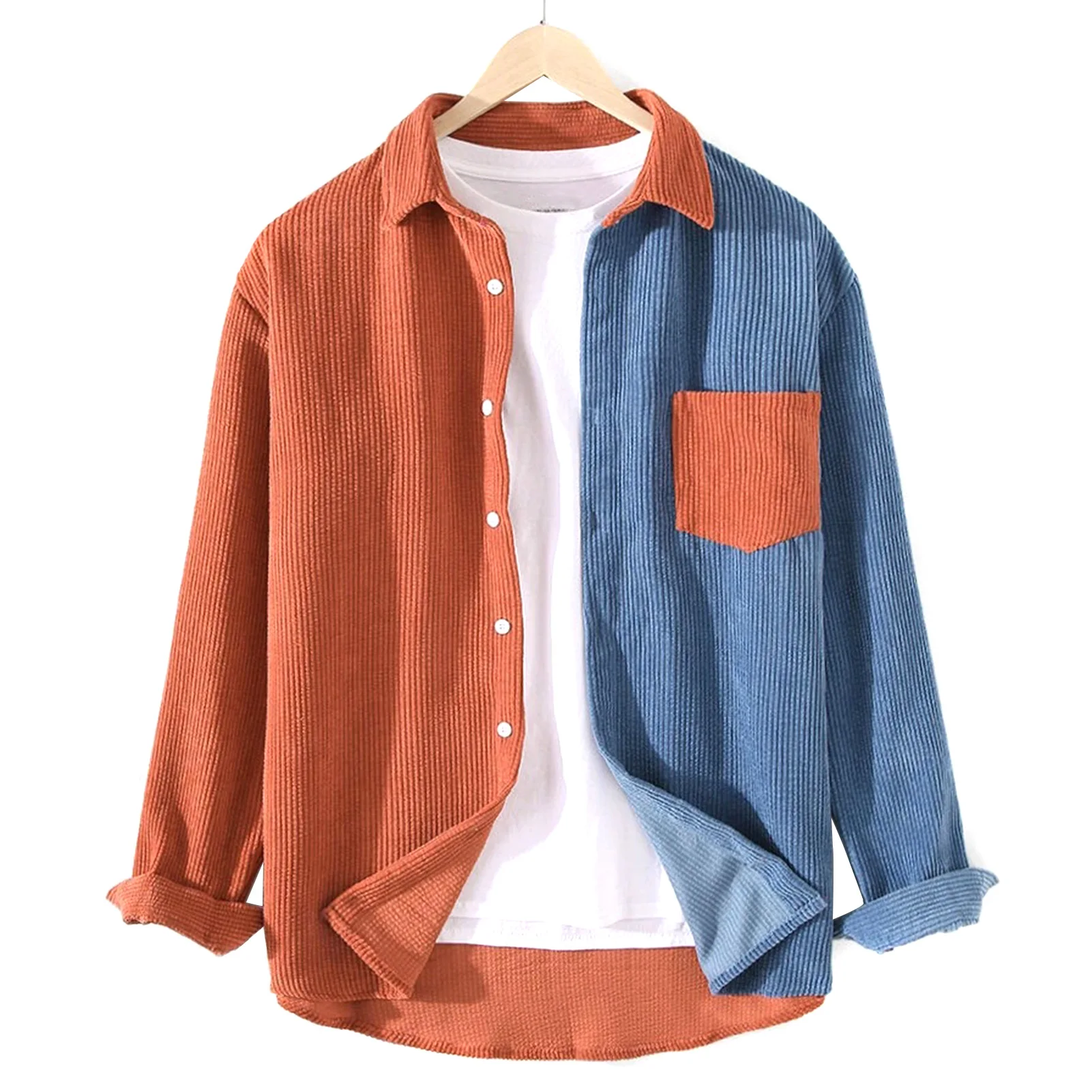 

Mens Patchworks Corduroy Shirt Jacket Contrast Color Lapel Long Sleeve Shirts With Pocket NYZ Shop