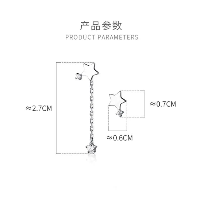 

A00090 Genuine 925 Sterling Silver Pave Zircon Tassel Asymmetric Stud Earrings for Fashion Women Romantic Girl Jewelry