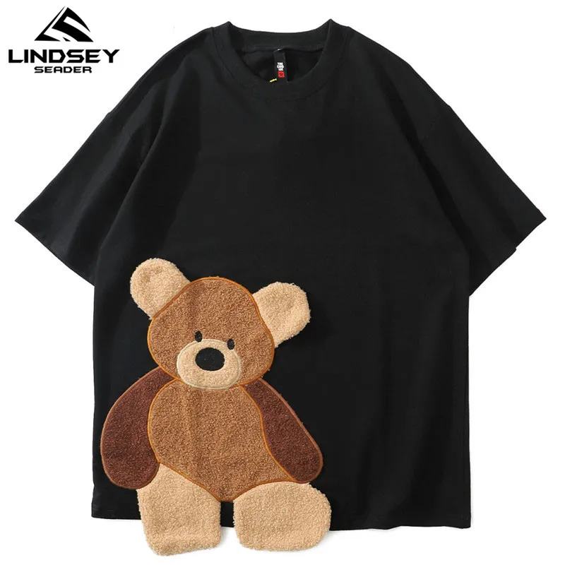 Мужская футболка в стиле хип хоп уличная с вышивкой медведя летняя Harajuku коротким