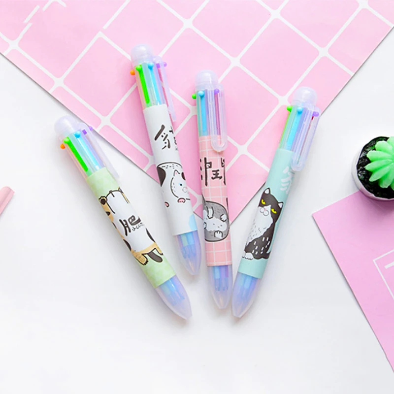 Lovely Cat 6 Color in 1 Ballpoint Pen Colorful Drawing for School Office Writing Supply Student Kawaii Stationery |