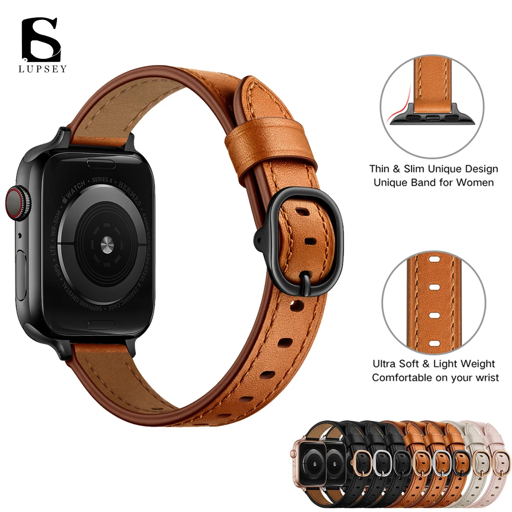 

For Apple Watch 7 Band 45mm 41mm 44mm 40mm 42mm 38mm 14mm Slim Leather Strap Watchband Iwatch band 7 6 se 5 4 3 2 Bracelet belt
