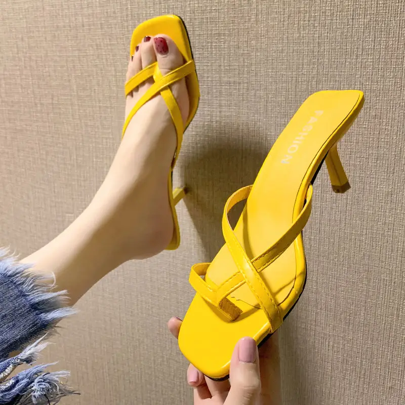 

Women Fashion Black Open Toe Slip on Stiletto Ladies Classic Yellow Pu Leather Beach High Heel Sandals Sandales Femmes G5879