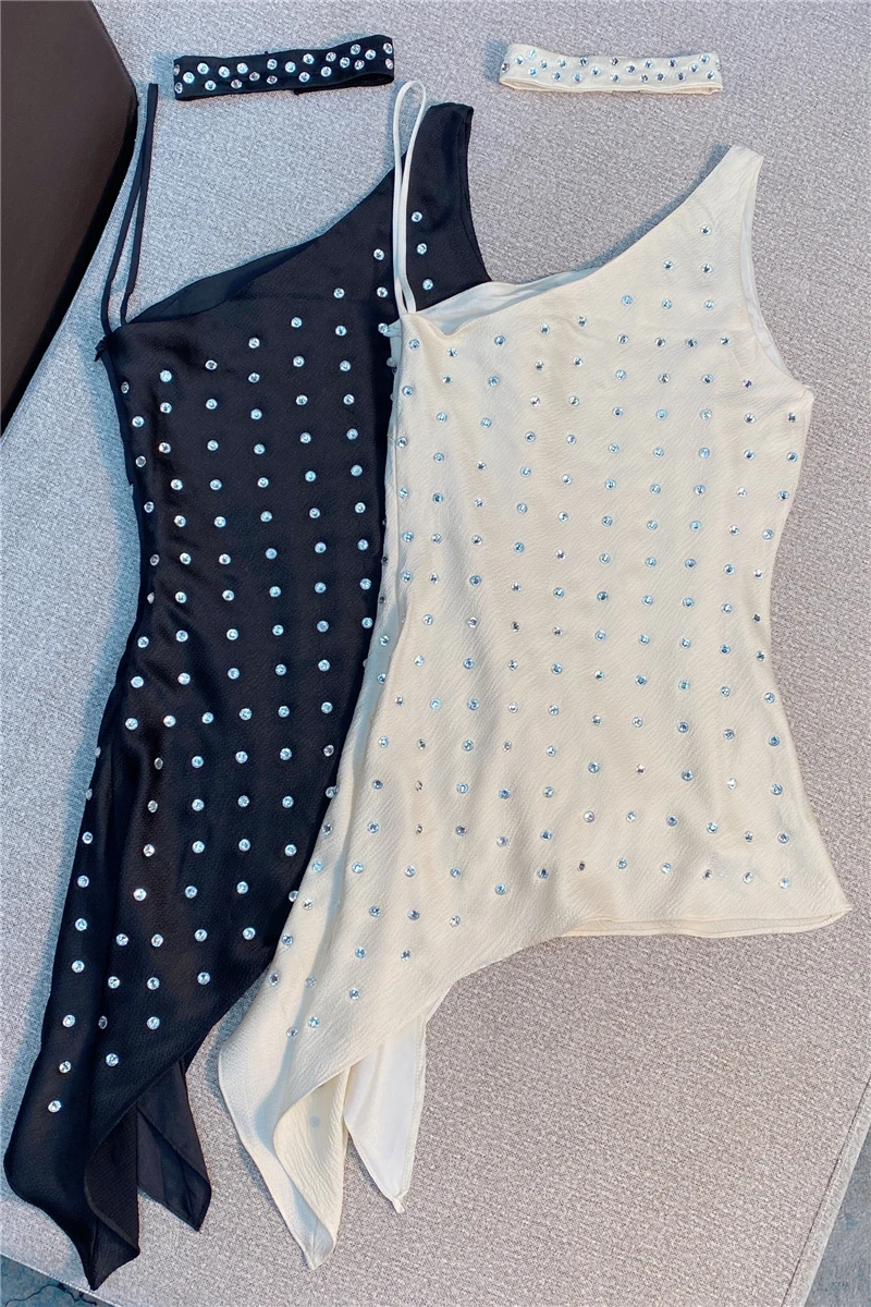 

2021 Summer New European Ins Style Irregular Shoulder Strap Rhinestone Oblique Satin Vest Camisole Sexy Women