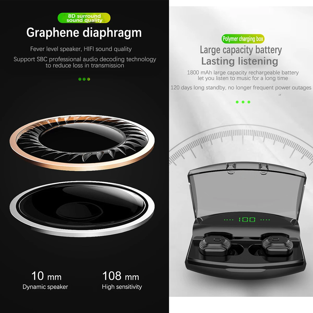 

Wireless TWS In-Ear BT Earphone Mini Sports Stereo Earbuds Waterproof Headset With Digital Display 1800mAh Charging Box