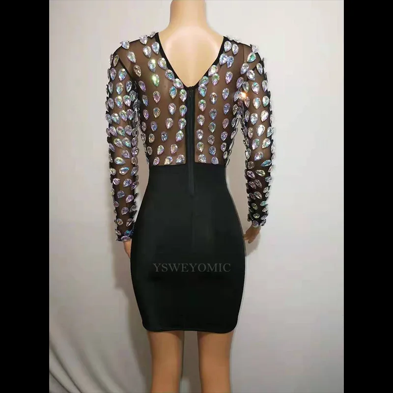 2019 Women's Birthday Celebrate Outfit Shiny Rhinestones Long Sleeves Crystal Dance Costume Short Dress For Sexy Gilrs | Тематическая