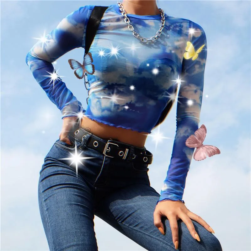 Sexy Fashion Women See-through Sheer Mesh Short Tops Long Sleeve Summer Blue Sky Printed Pullover Skinny Club Streetwear | Женская