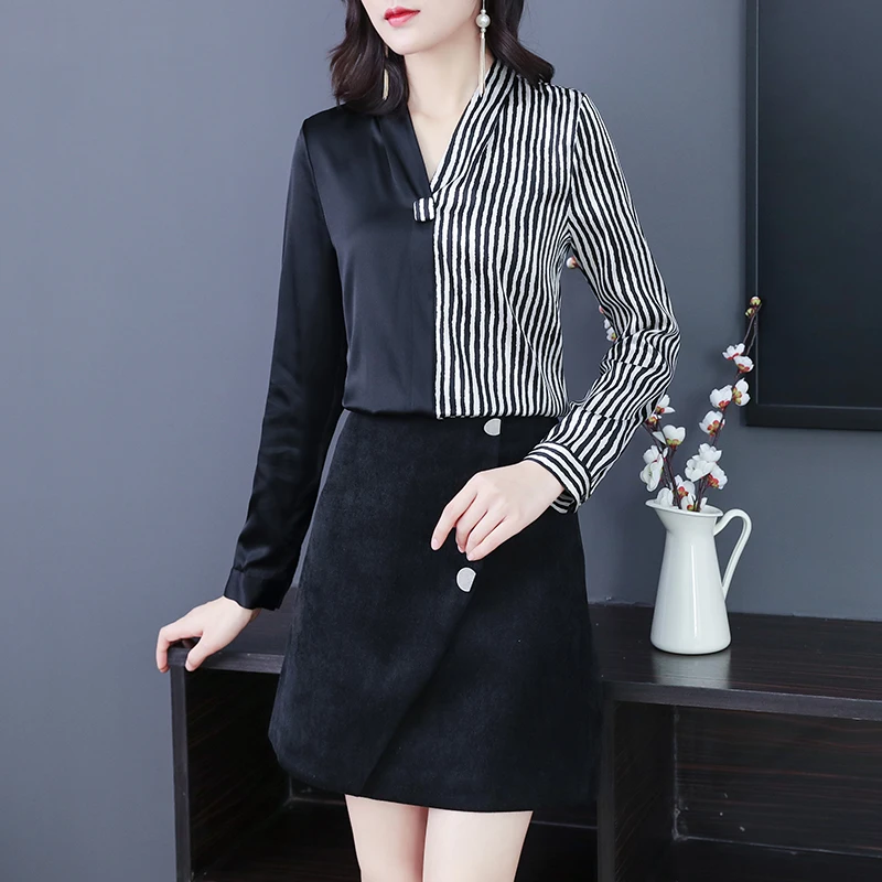 Весной Новинка сочетающихся цветов атласная рубашка Женский в черно-белую