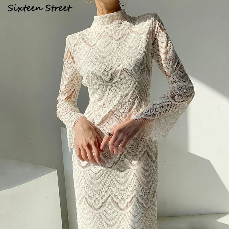 

Белое элегантное женское платье с кружевной вышивкой и длинным рукавом, весна 2022, вечерние платья, женская одежда, шикарное корейское плать...