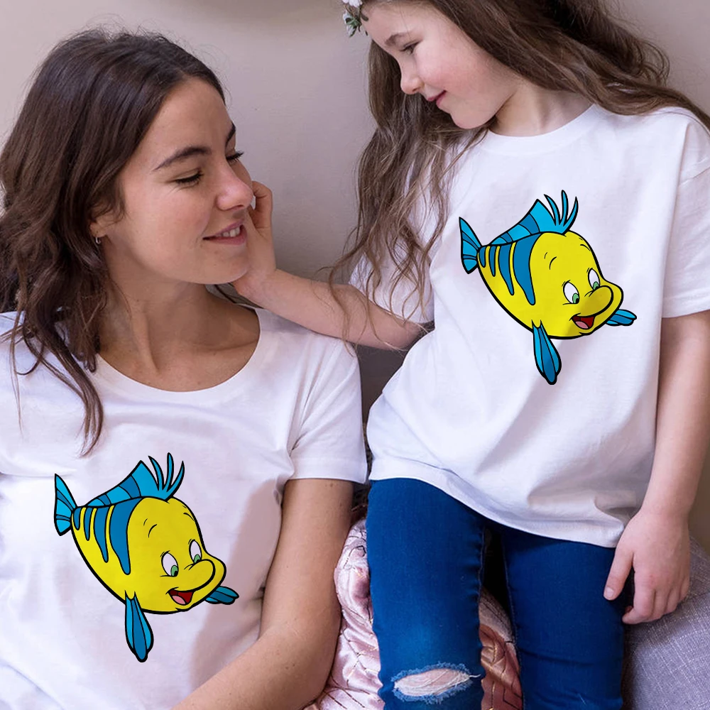 

The Little Mermaid Flounder T Shirt Women Casual Funny Print Tshirt Children Harajuku Kawaii T-shirt Top Tees Mama and Daughter