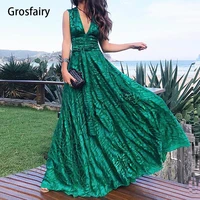 fashion green sexy deep v neck formal evening dress women elegant sleeveless high waist graduation party vestido prom robe