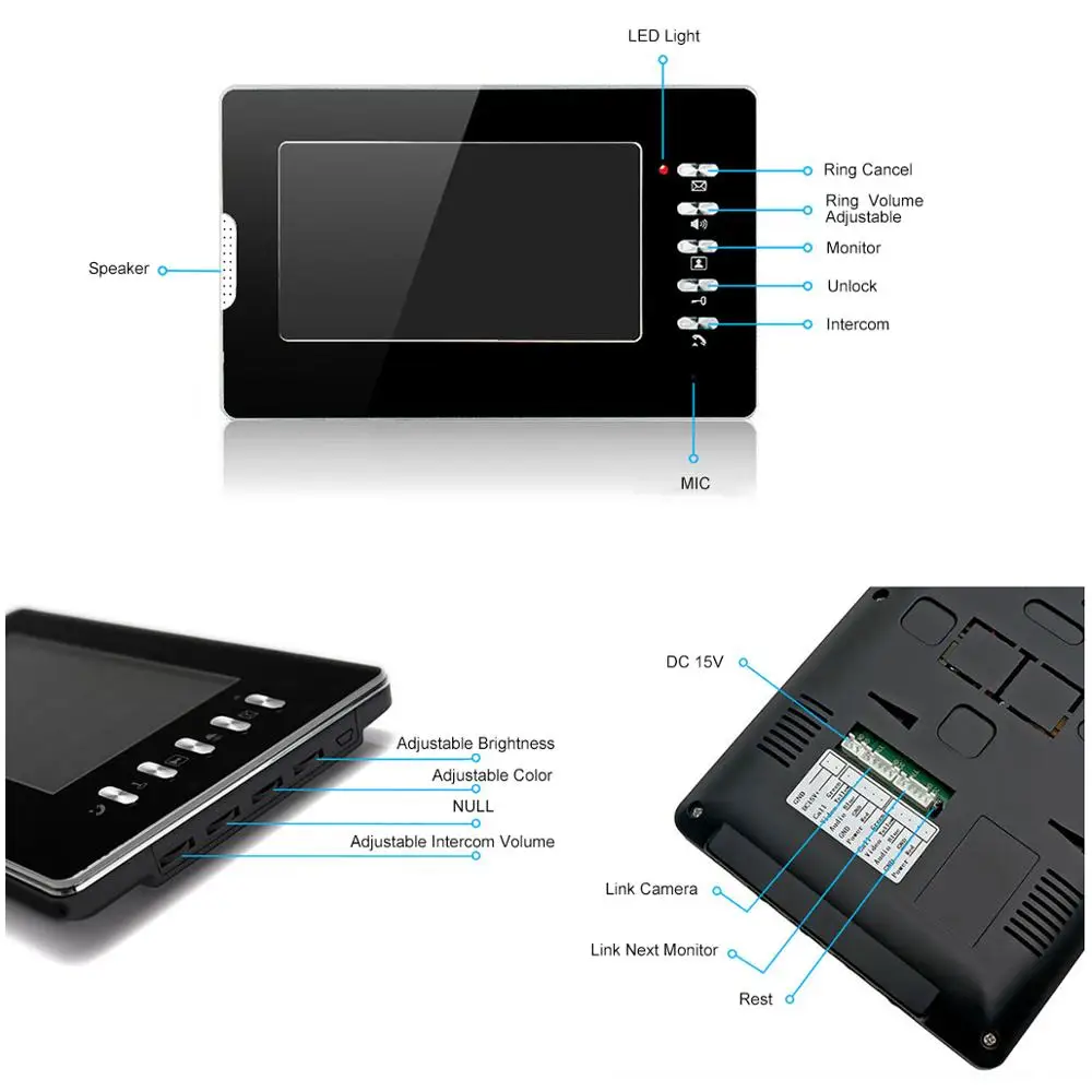 

7 Inch Wired Video Door Phone System Video Intercom Doorbell With Waterproof Outdoor IR Camera Remote Unlock 1-Camera 2-Monitor