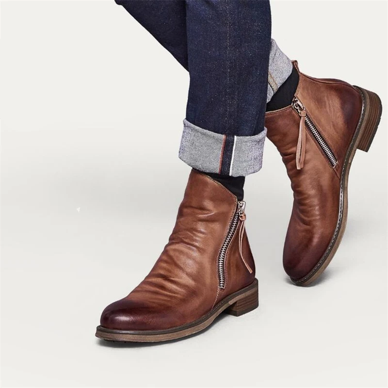 

Ankle Boots Men Shoes Big Size 48 Mens Leather Boot Fashion Zip Cowboy Boots Mens Black Brown Casual Waterproof Shoes for Man