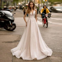 charming wedding dresses tulle pleat appliques v neck sleeveless backless a line bridal gowns novia do 2021