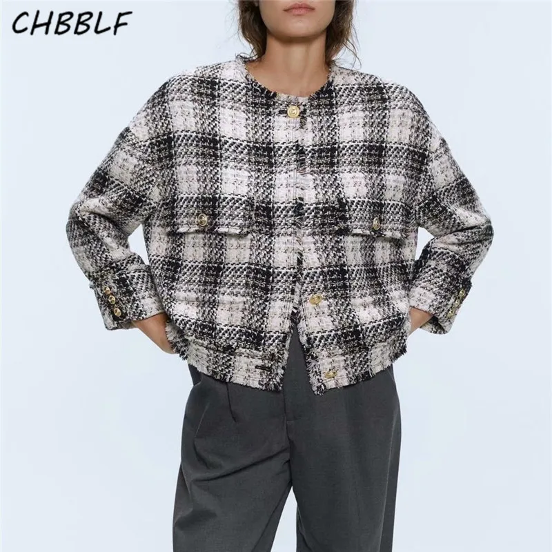 CHBBLF Женская стильная элегантная клетчатая куртка круглый воротник однобортный