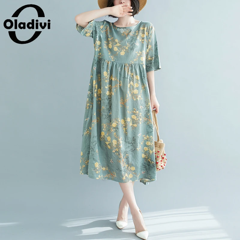 

Oladivi женская одежда большого размера, повседневное свободное платье с коротким рукавом, Новинка лета 2021, модные платья-миди с принтом, плать...