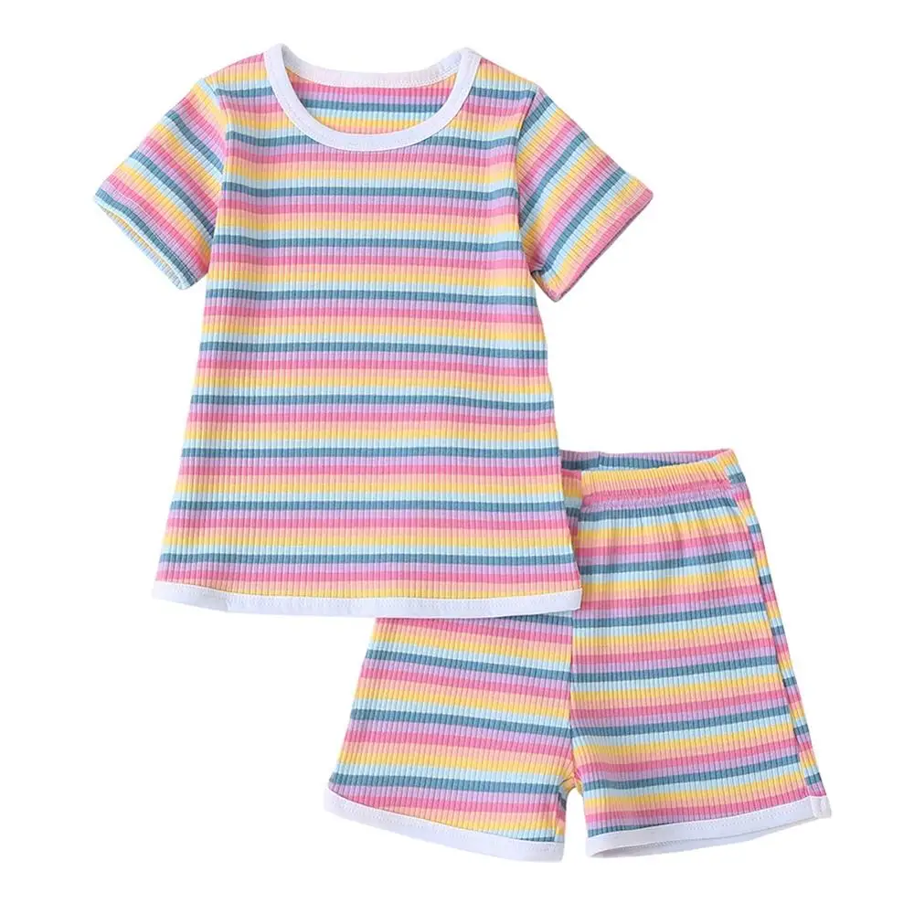 Летние Детские хлопковые комплекты с короткими рукавами для маленьких девочек